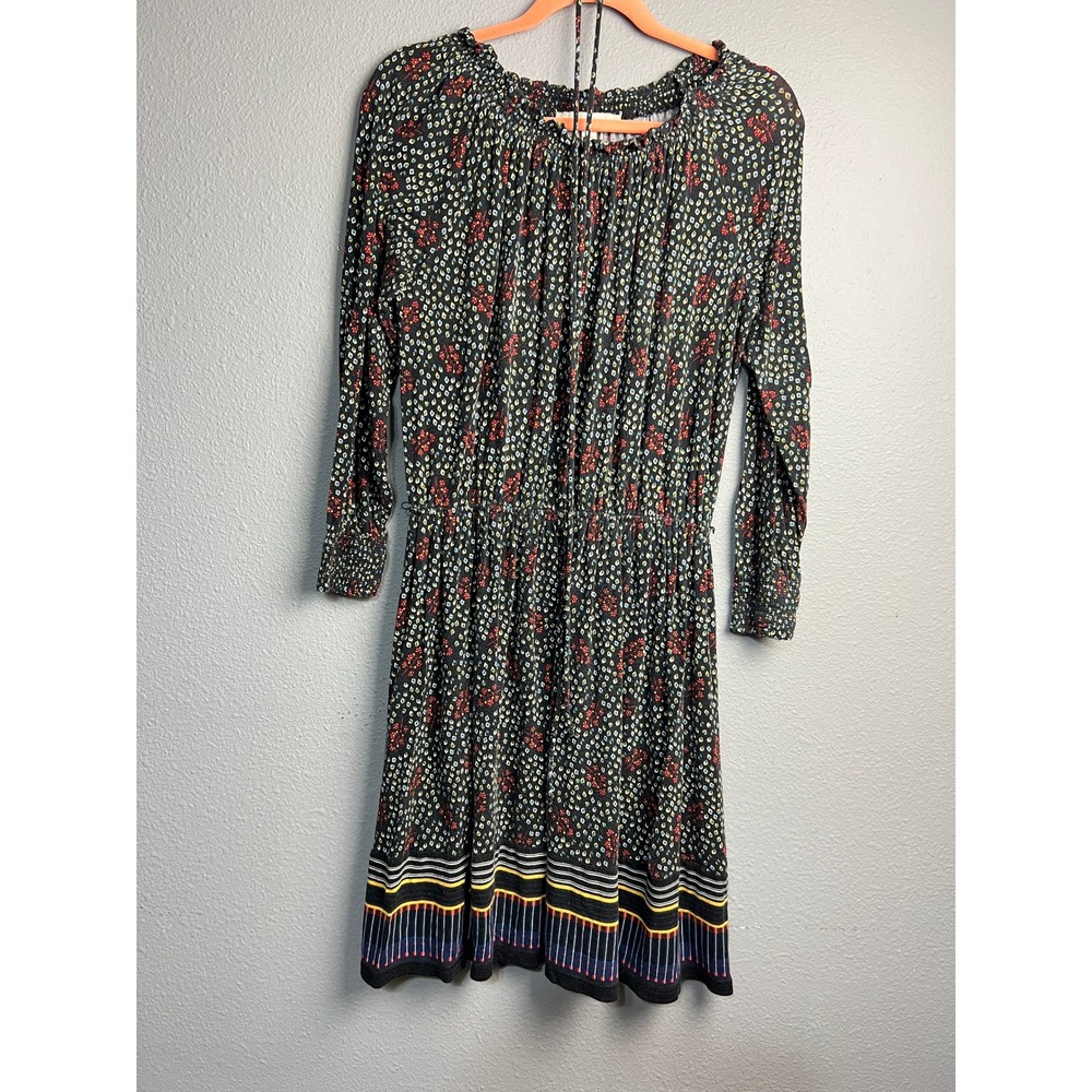 LOFT Md Floral Border Print Long Sleeve Mini Dress Prairie Black Red Blue Yellow